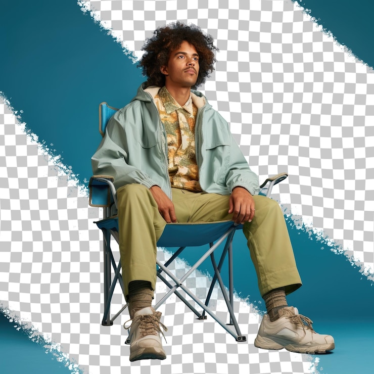 PSD um homem adulto esperançoso com cabelos encaracolados da etnia afro-americana vestido com trajes de acampamento na floresta posa em comprimento completo com um estilo prop como uma cadeira contra um ba azul pastel