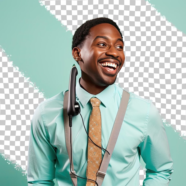 PSD um homem adulto invejoso com cabelo curto da etnia afro-americana vestido com trajes de representante de atendimento ao cliente posa em um estilo de riso brincalhão contra um fundo de menta pastel