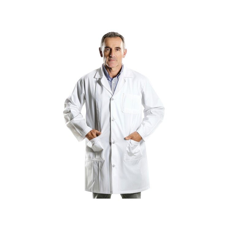 PSD um homem adulto médio vestindo uma bata de laboratório segurando um clichê isolado em um fundo branco