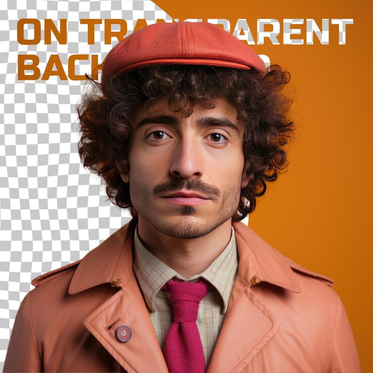 PSD um homem adulto melancólico com cabelo perfurado da etnia da ásia ocidental vestido com trajes de engenheiro posa em um estilo close up of lips contra um fundo de damasco pastel