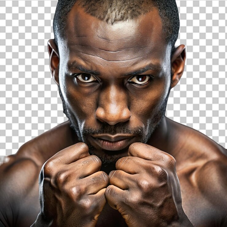 PSD um homem afro-americano, um experiente lutador de mma, capturado num retrato de estúdio.