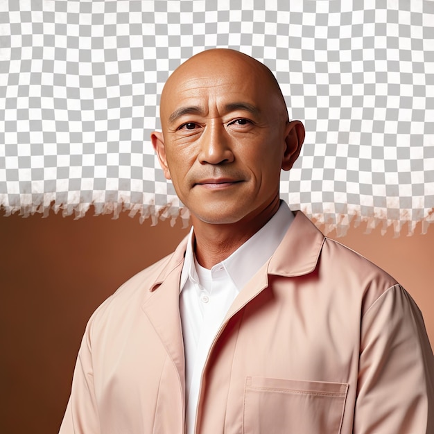 Um homem calmo de meia-idade com cabelo careca da etnia asiática vestido com trajes de terapeuta ocupacional posa em um estilo sideways glance contra um fundo de creme pastel