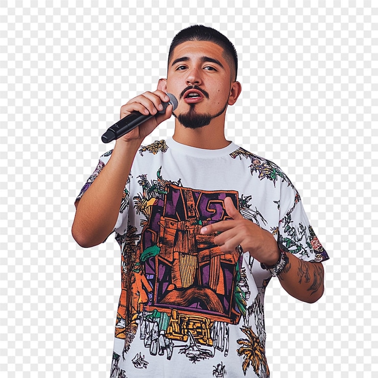 PSD um homem cantando em um microfone com uma camisa que diz a palavra citação sobre ele
