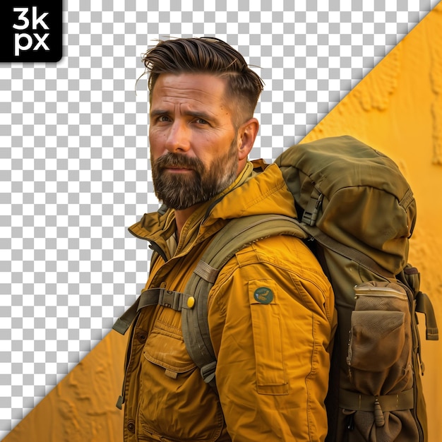 um homem com barba e bigode vestindo uma jaqueta de camuflagem