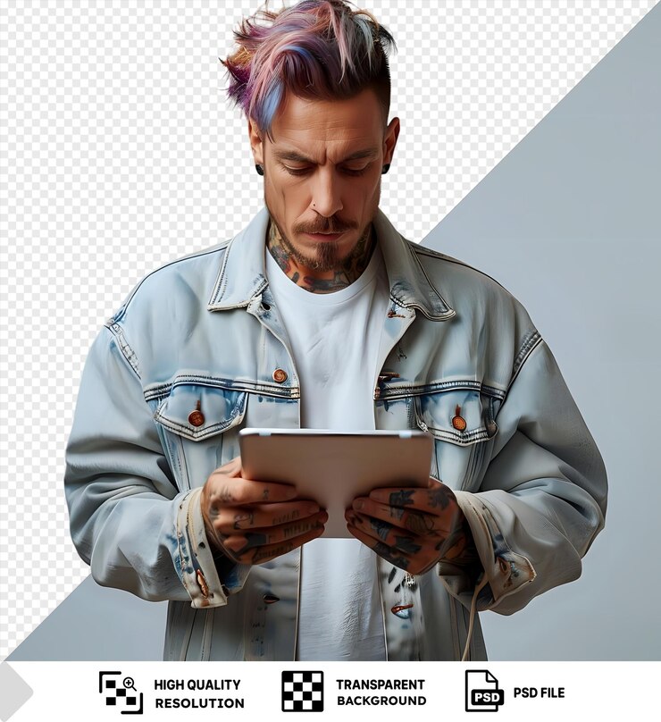 PSD um homem com cabelo tingido com um tablet nas mãos está em frente a uma parede cinza e branca ele usa uma jaqueta azul e tem um bolso azul visível em sua jaqueta