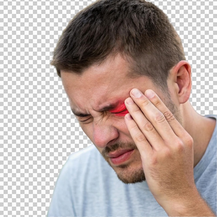 PSD um homem com dor de cabeça tem uma dor na testa.