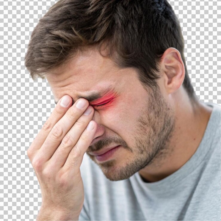 PSD um homem com dor de cabeça tem uma dor na testa.