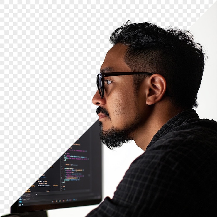 PSD um homem com óculos está olhando para uma tela de computador