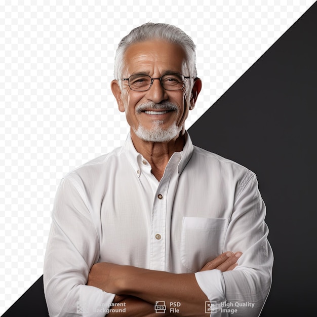 Um homem com os braços cruzados e um fundo preto com a foto de um homem usando óculos.