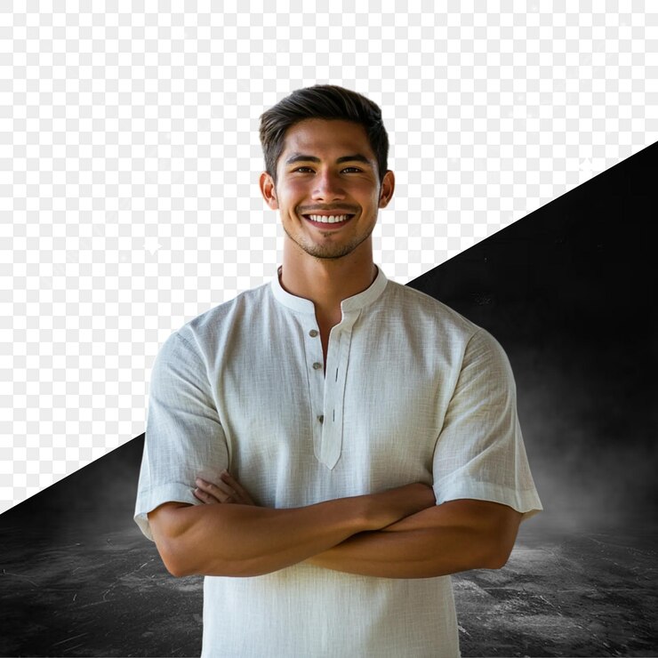 PSD um homem com os braços cruzados e um fundo preto com um quadrado no meio