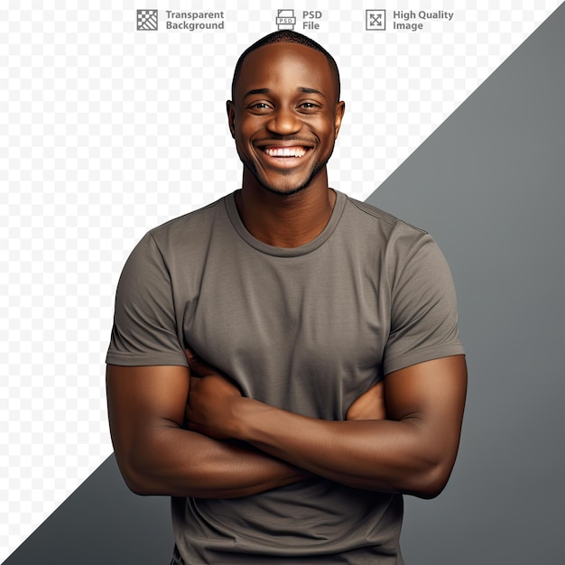 PSD um homem com os braços cruzados e um homem negro de camisa cinza estão sorrindo.