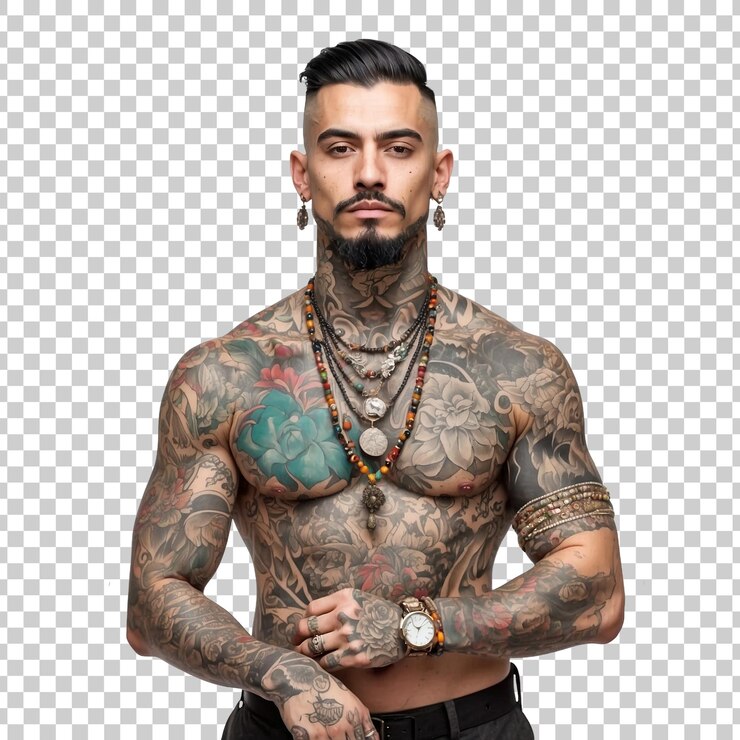 PSD um homem com tatuagens em seus braços está em frente a uma seção transversal