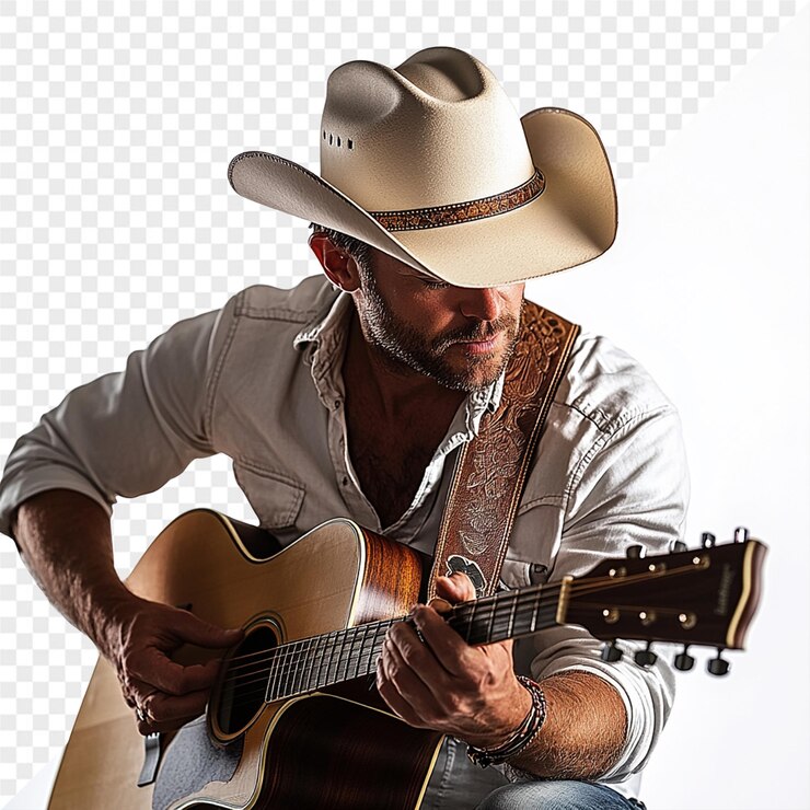 PSD um homem com um chapéu de cowboy a tocar guitarra.