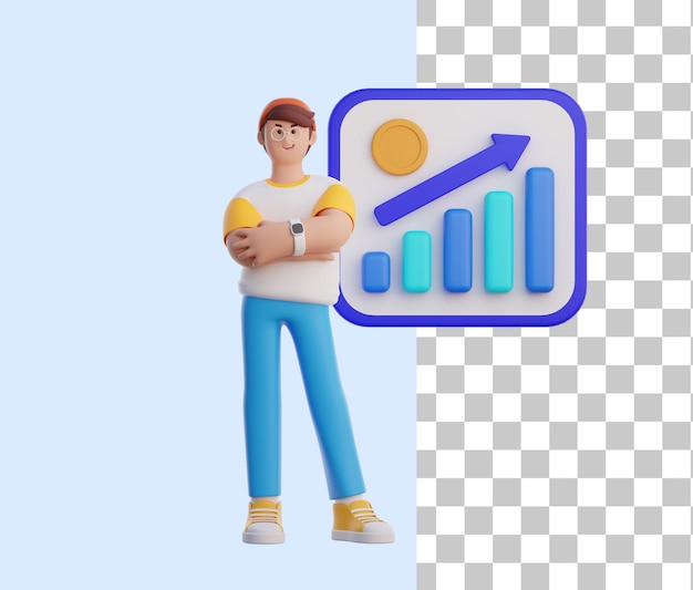 Um homem com um gráfico na camisa e calças azuis.