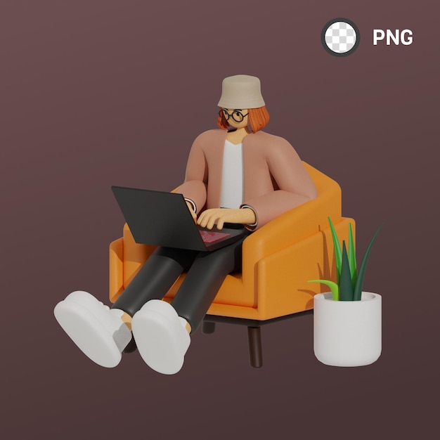 Um homem com um laptop no colo está sentado em uma cadeira laranja com uma planta no canto.