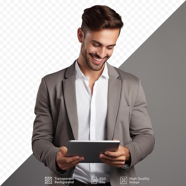 Um homem com um tablet escrito 