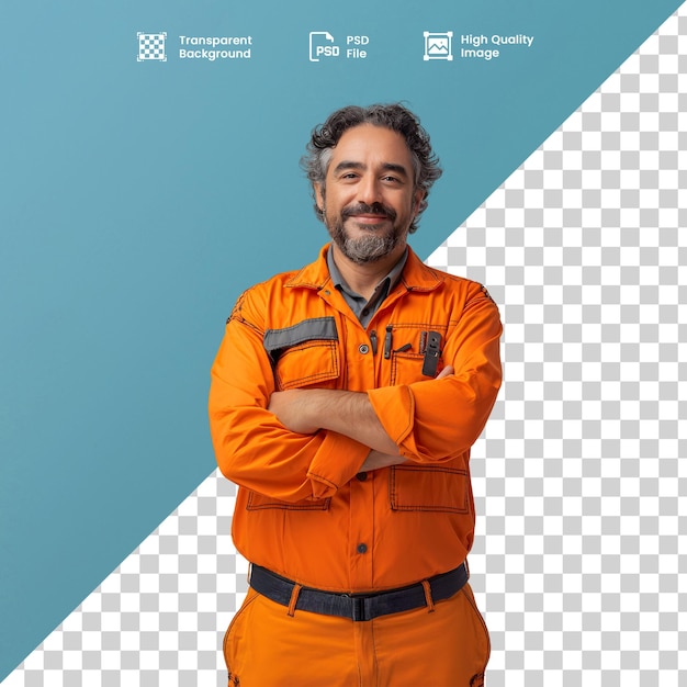 Um homem com um uniforme laranja tpico de trabajo industrial ou de construo com vrias ferrame