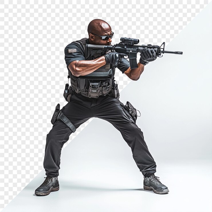 PSD um homem com uma arma e uma arma na mão.