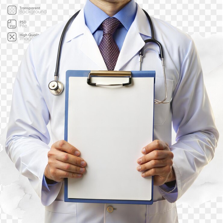 PSD um homem com uma bata de laboratório branca segurando um caderno com uma página branca