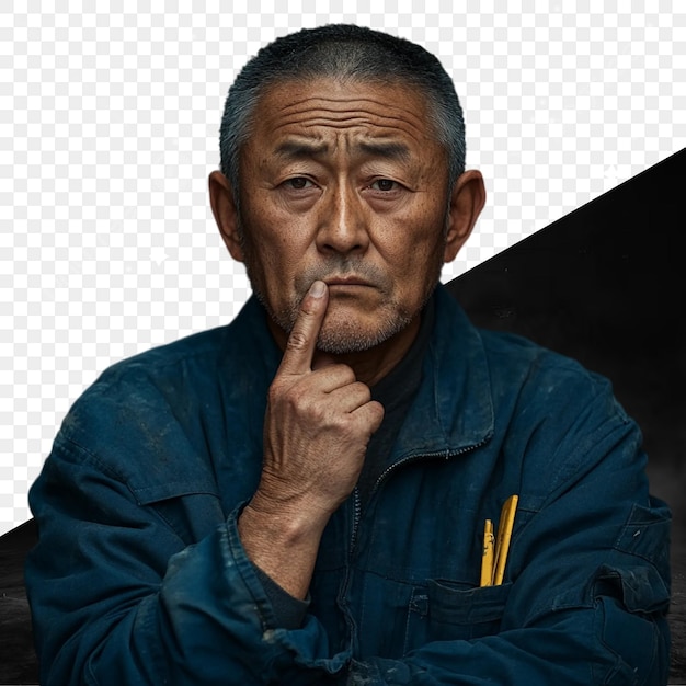 Um homem com uma caneta no nariz.