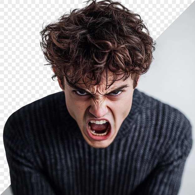 Um homem com uma expressão de raiva no rosto.