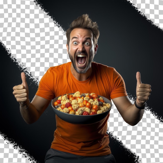 Um homem com uma tigela de comida na frente de um fundo preto com um homem fazendo sinal de positivo.