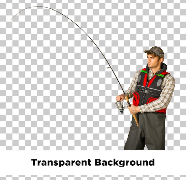 um homem com uma vara de pesca e as palavras transparentes no fundo