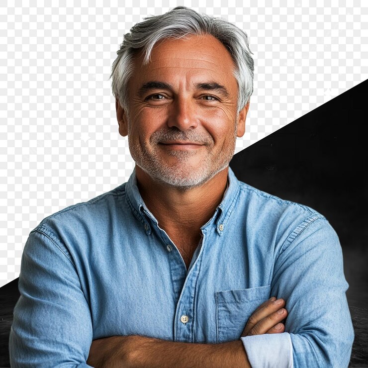 PSD um homem de cabelo cinzento e uma camisa azul com uma barba branca