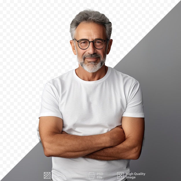 PSD um homem de camisa branca e óculos em frente a uma foto em preto e branco.