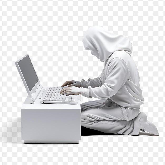 Um homem de capuz branco está digitando em um laptop