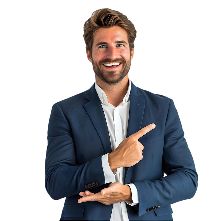 PSD um homem de fato apontando para a direita com uma foto de um homem apontando seu dedo