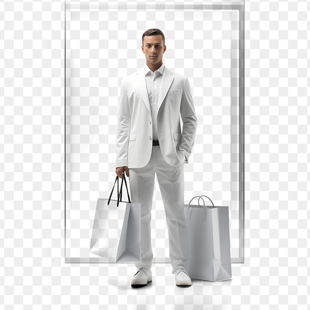 PSD um homem de fato branco com uma bolsa e uma bolsa nele