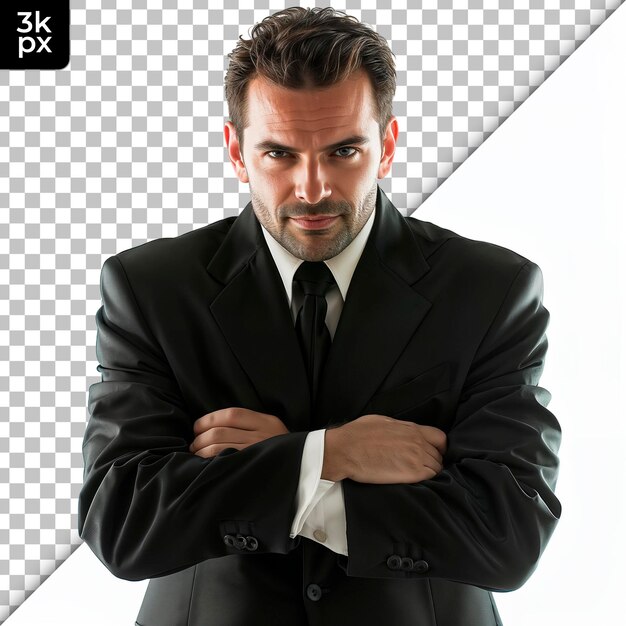 Um homem de fato com uma camisa branca e uma gravata preta
