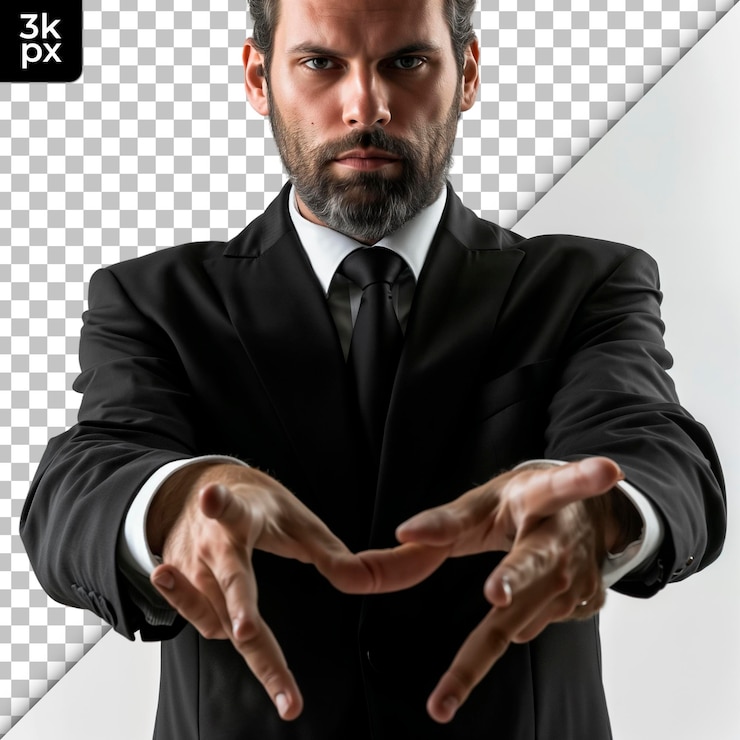 PSD um homem de fato com uma gravata preta e um fundo branco com um x preto e branco