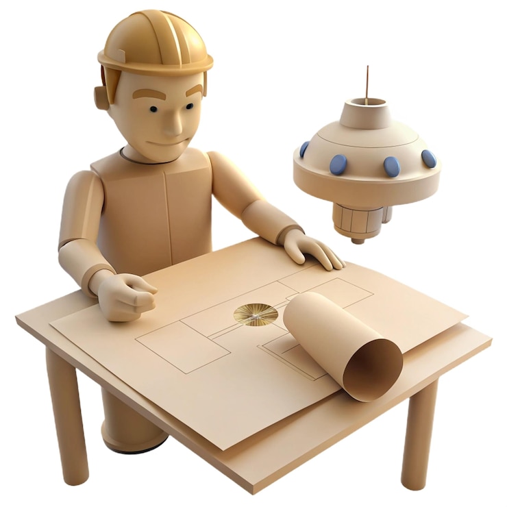 PSD um homem de lego está sentado em uma mesa com um modelo de uma nave espacial
