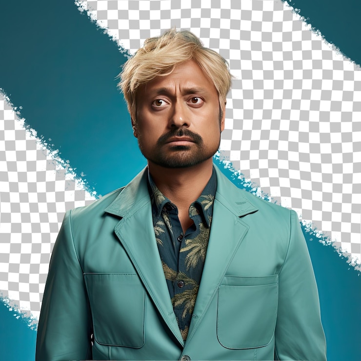 PSD um homem de meia-idade vindicado com cabelo loiro da etnia sul-asiática vestido com trajes conservacionistas posa em um estilo de intense direct gaze contra um fundo pastel teal