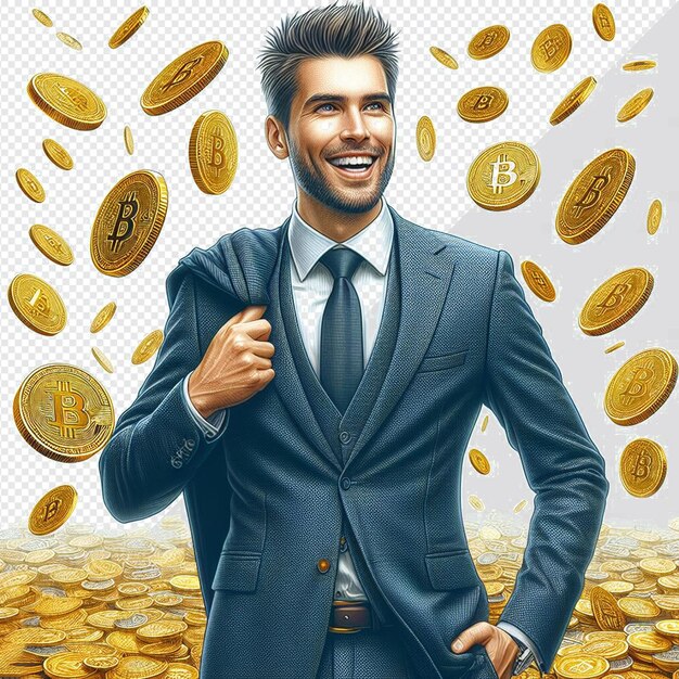 Um homem de negócios em um terno com bitcoins chovendo em fundo transparente