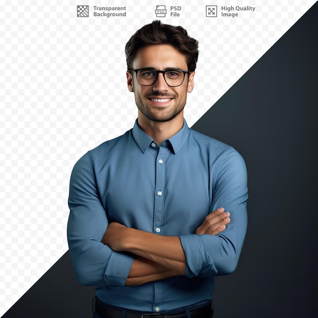 Um homem de óculos e camisa azul com os braços cruzados.