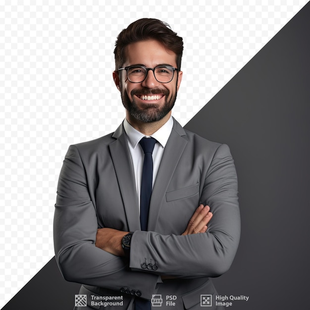 Um homem de óculos e terno cinza está em frente a um fundo preto.