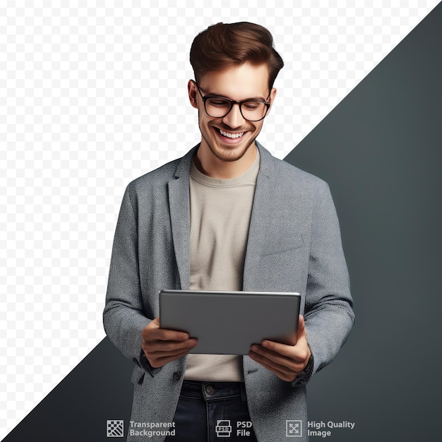 PSD um homem de óculos está segurando um laptop e sorrindo.