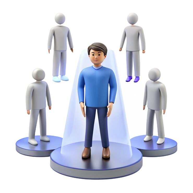 PSD um homem de pé em um pedestal com um homem de camisa azul e uma camisa azul nele