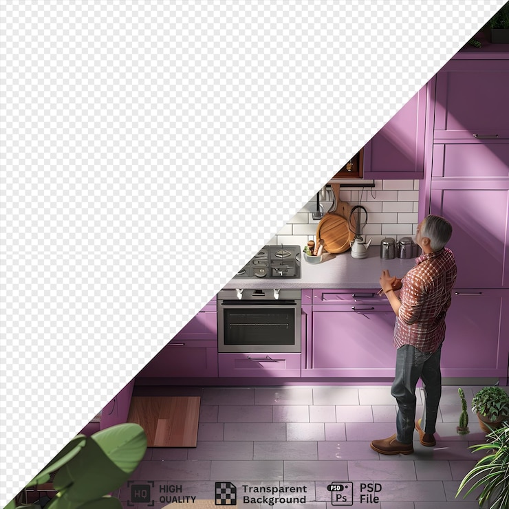 PSD um homem de pé em uma cozinha moderna com armários roxos e um forno de aço inoxidável com a cozinha com uma parede de tijolos e uma janela isolada em um fundo transparente