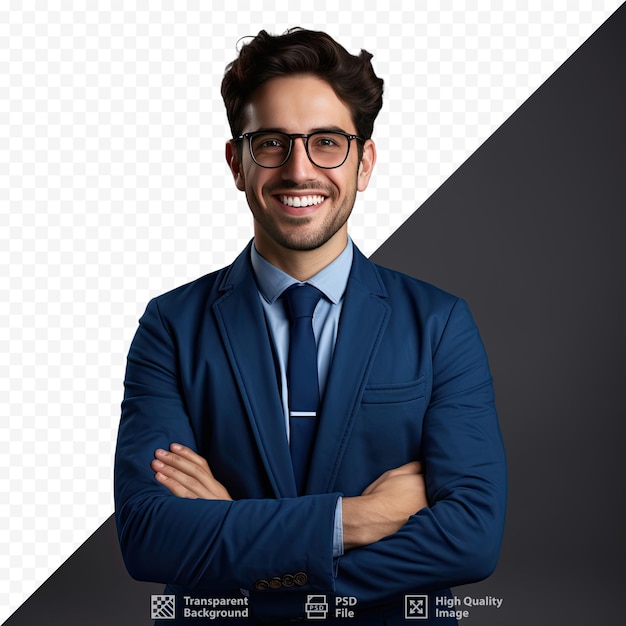 PSD um homem de terno com óculos e camisa azul com a foto de um homem de óculos.