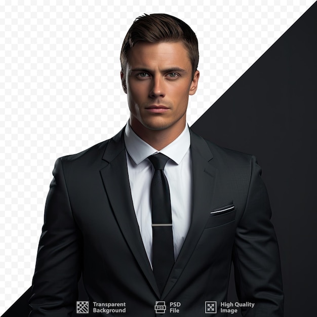 PSD um homem de terno fica em frente a um fundo preto com a foto de um homem de terno e gravata.