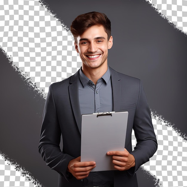 Um homem de terno segurando uma prancheta com uma carta no canto.