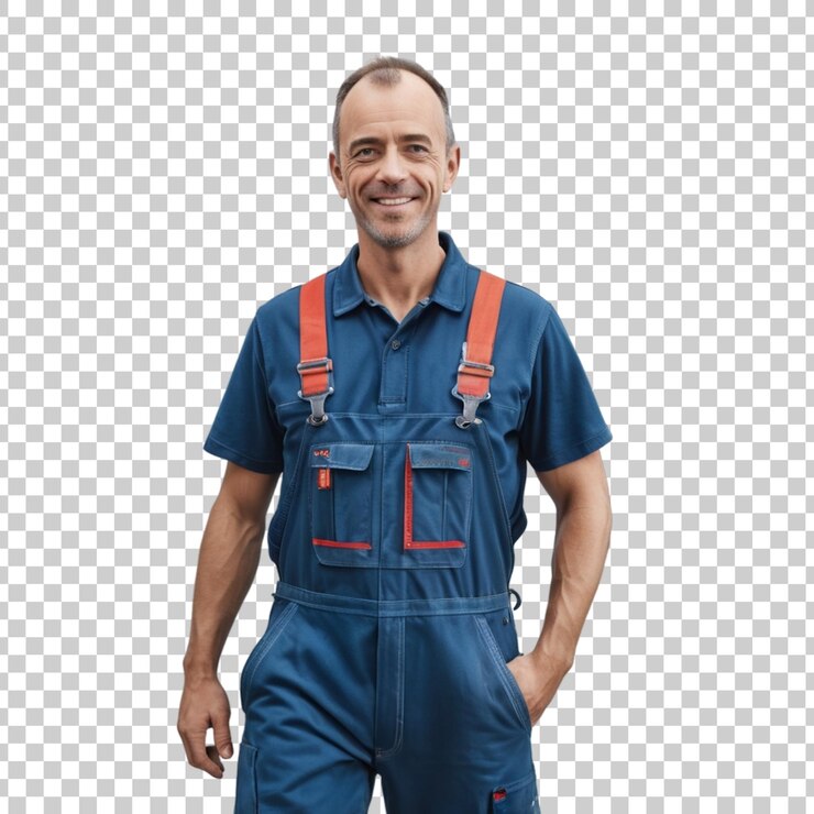 PSD um homem de uniforme azul está em frente a um fundo branco