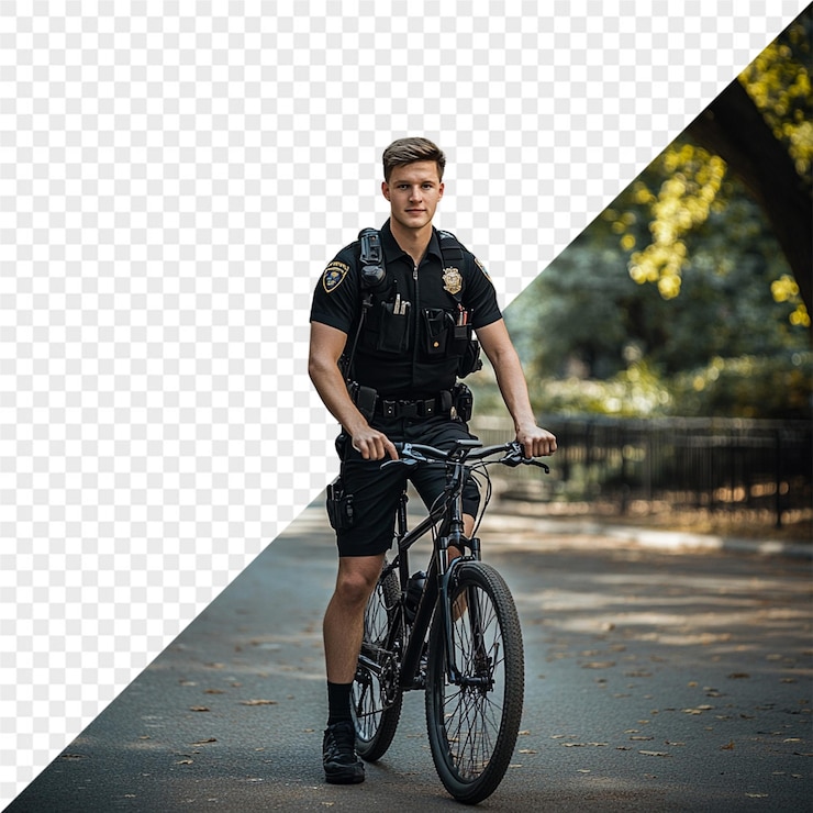 PSD um homem de uniforme está andando de bicicleta com uma foto de um homem na parte de trás