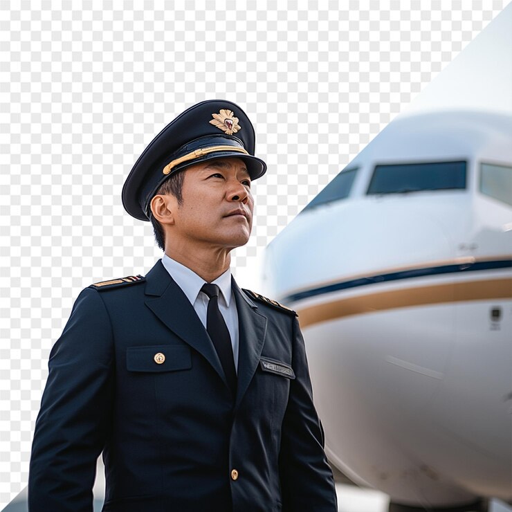 PSD um homem de uniforme está na frente de um avião