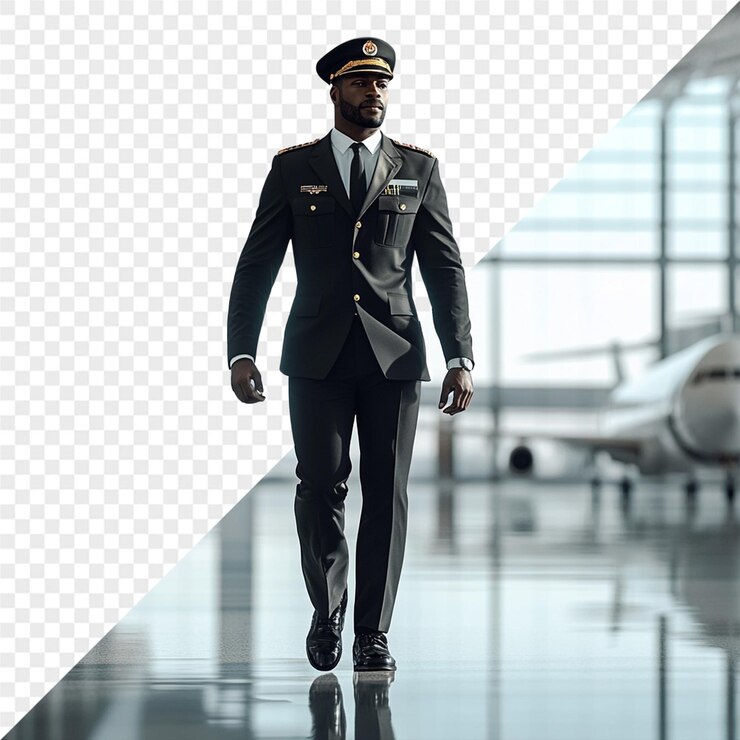 PSD um homem de uniforme está na frente de um avião