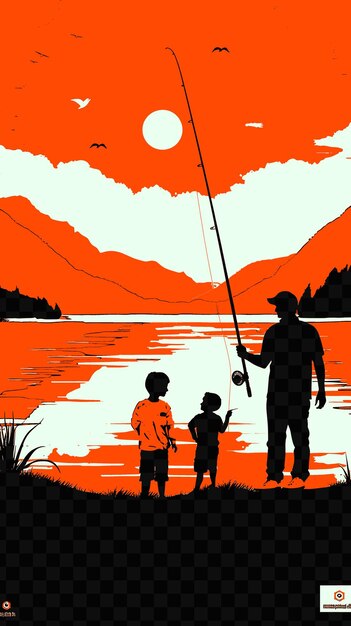Um homem e duas crianças estão pescando em um lago com um pôr do sol no fundo